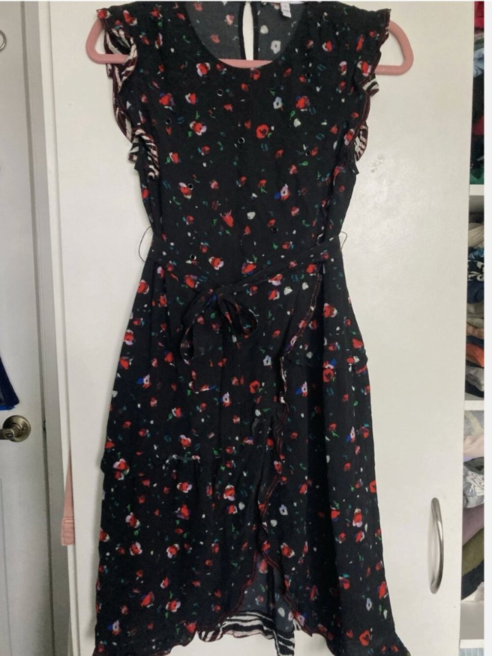Derek Lam 10 Crosby Black Floral Print Ruffle Hem Wrap Skirt Size 2 Viscose Knee